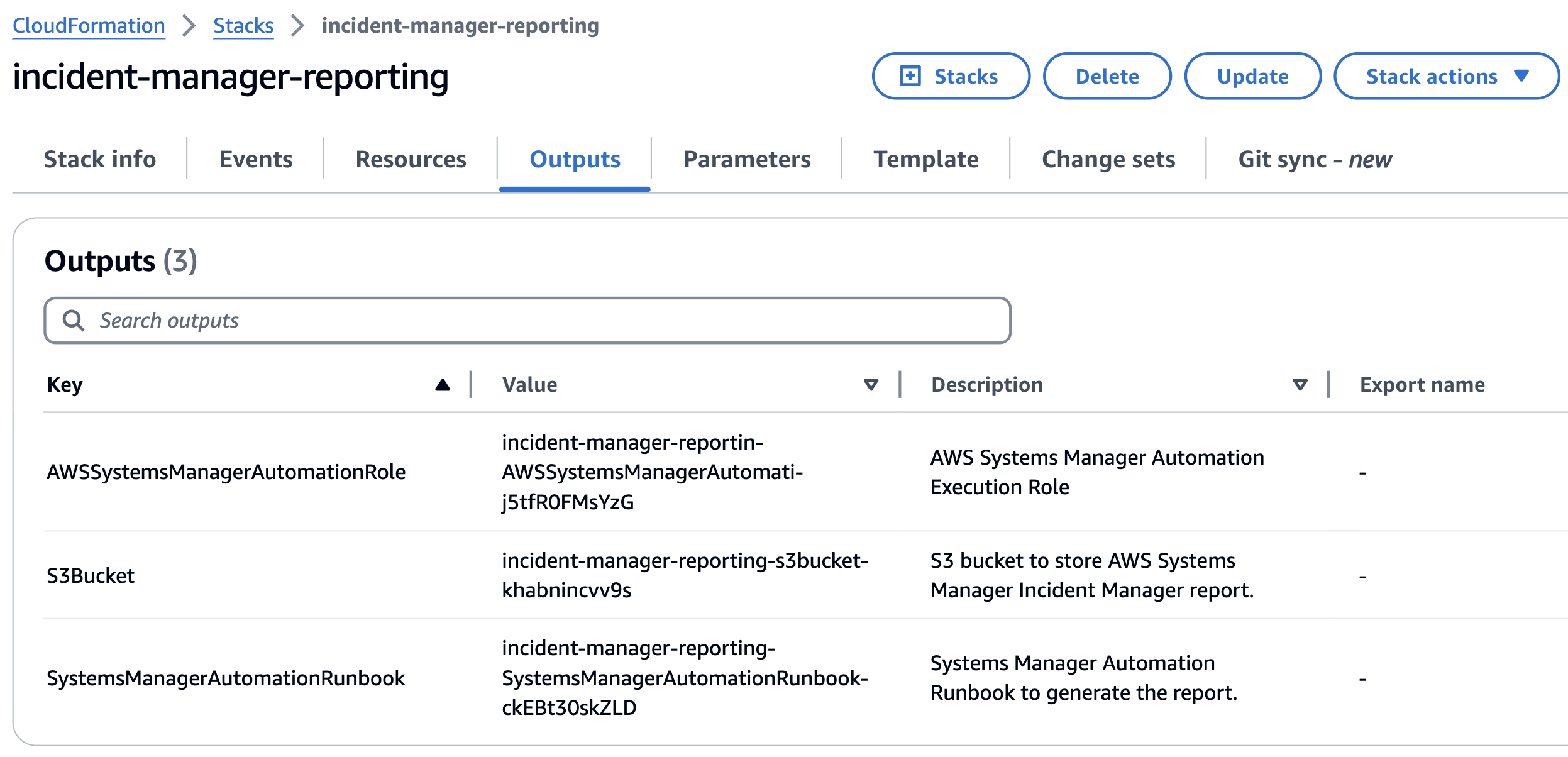 CloudFormation output resources displays the values of Automation assume role, S3Bucket and Automation runbook name